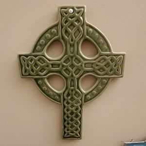 Celtic ceramic cross, green glaze finish
